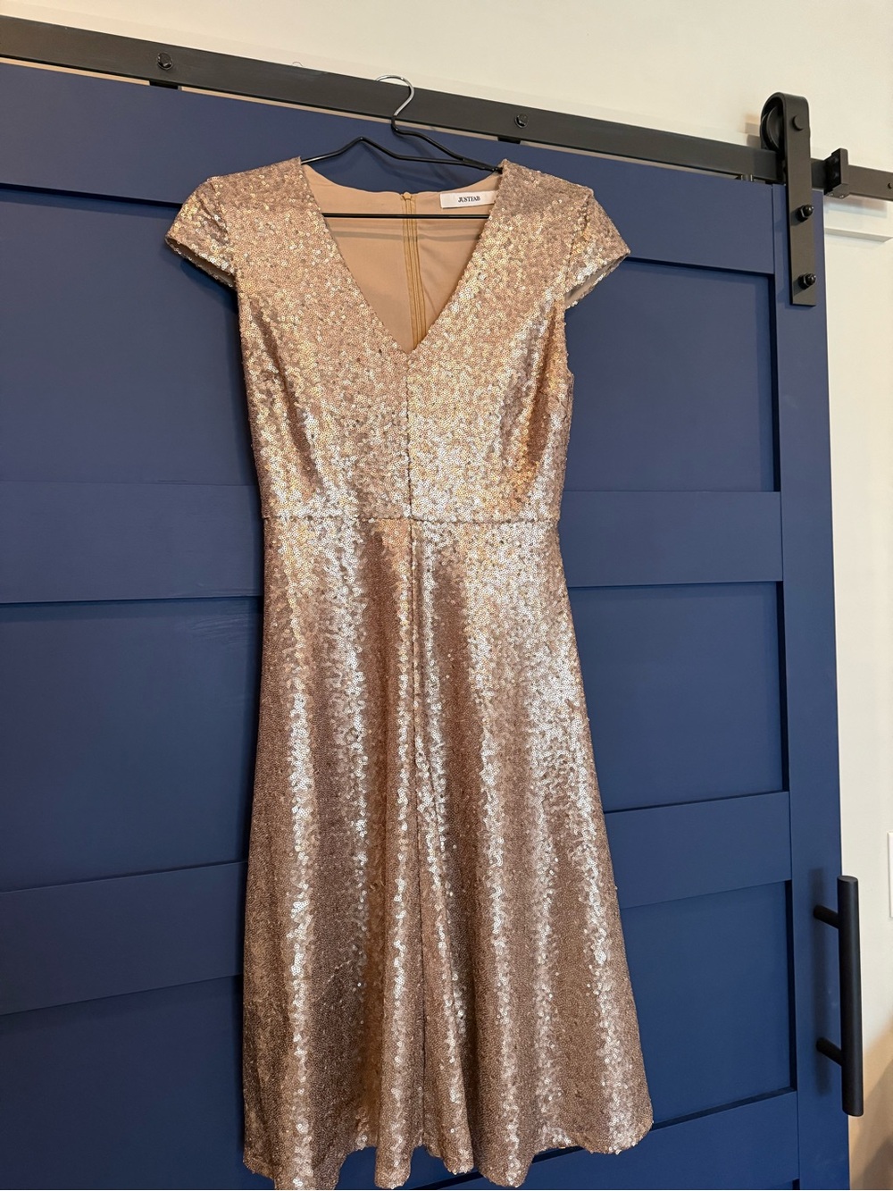 JustFab Rose Gold Sequin V-Neck Fit & Flare Dress